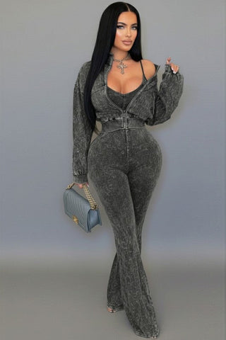 Mineral Wash Cropped Jacket and Jumpsuit Set by 17Fashion