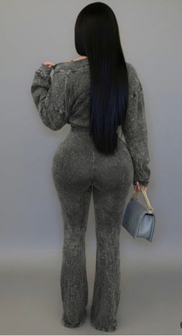 Mineral Wash Cropped Jacket and Jumpsuit Set by 17Fashion