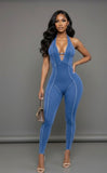 Acid Royal Mineral Wash Deep V Halter Jumpsuit by 17Fashion