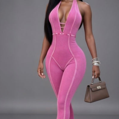 Bubble Gum Mineral Wash Deep V Halter Jumpsuit by 17Fashion