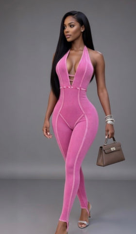 Bubble Gum Mineral Wash Deep V Halter Jumpsuit by 17Fashion
